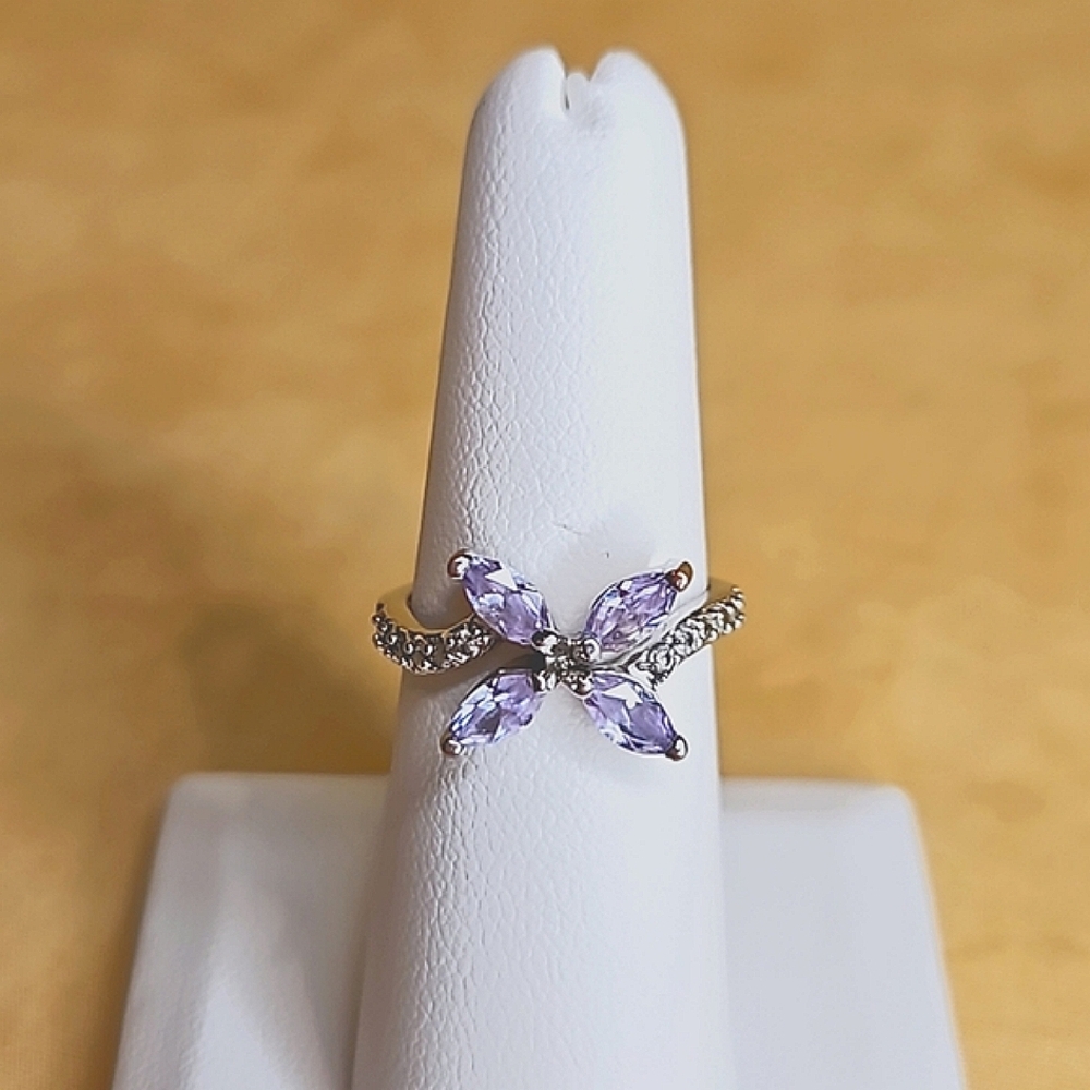 Silver Purple Butterfly Ring Marquise Lavender Rhinestone Bypass Band Size 7 - Picture 2 of 5